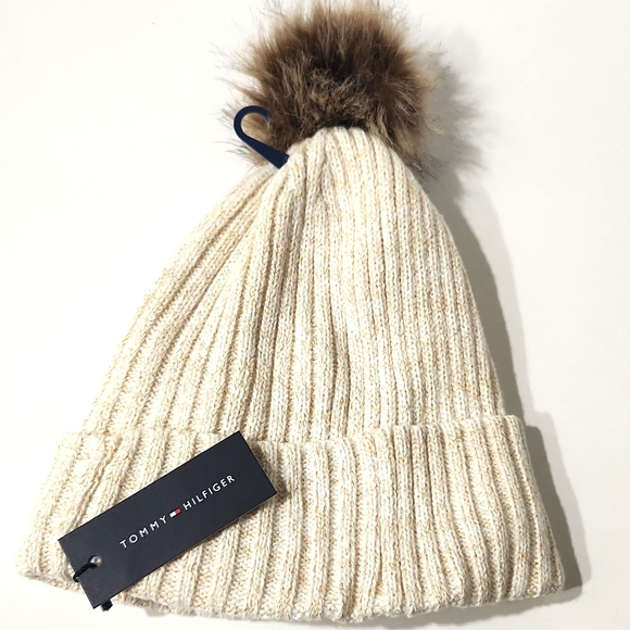 NWT Tommy Hilfiger Pom Pom Lined Beanie Cream Gold Metallic One Size Hat - Picture 5 of 10